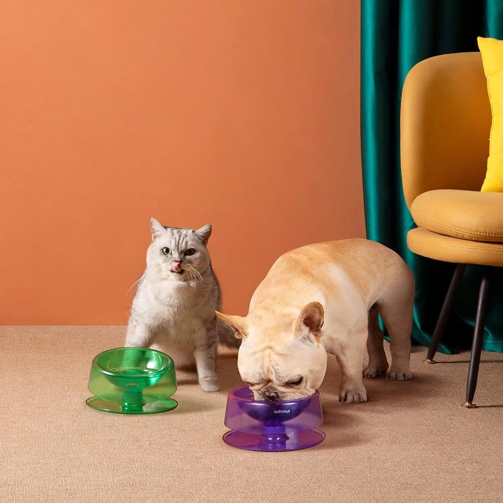 l'image montre un chien et un chat en train de manger dans différents gamelle de la marque Redminut